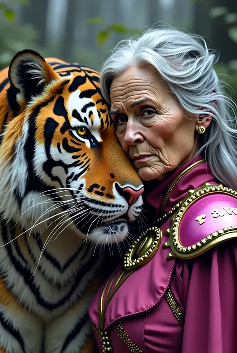 An old lady in her 70s in pink armor with very long gray hair with a beautiful tiger next to her with RAW written on its collar 
