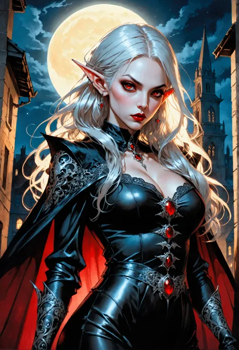 anime comic illustration fantasy art, gothic art, portrait of a female vampire elf, casting dark spell, with a long curvy hair, light color hair, red eyes, busty, Ultra Detailed Face, small pointed ears, blue cloak,  flowing cloak, wearing an intricate bla...