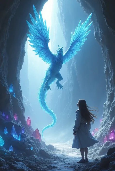 Adamancipator researcher , woman, Crystal Stones,cave, Crystal stine dragon with Giant  wings ,flying 