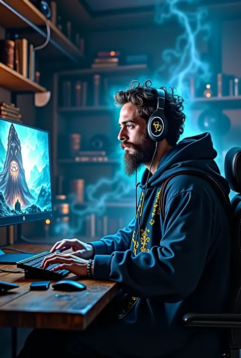 
wizard playing on computer gamer with headphones