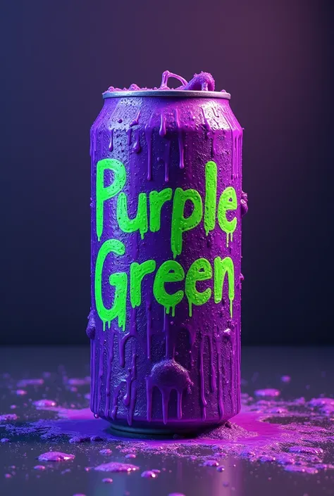 Psychedelic art dripping from a purple energy drink can that says Purple Green, Purple written in green and Green written in purple