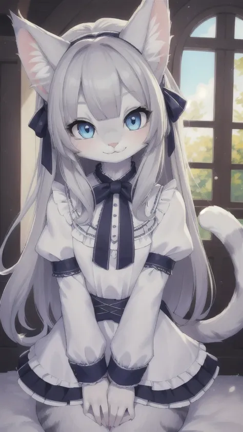 (hi res), ((masterpiece)) , ((best quality)), illustration, furry, 
cat, animal ears, tail, bodyfur, 1girl, POV, upper body, 1girl, solo, long hair, gray hair, *//*, blue eye, *//*, white blouse, looking at viewer, smile,