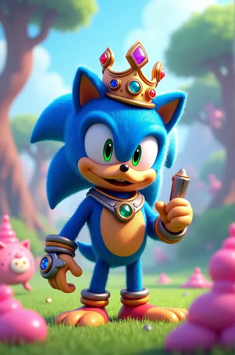 A Sonic 3D style duck that has a crown with the six infinity gems and an omnitrix on his left wrist but is in the slime rancher game and has a vacvac and there are pink rock and tabby slimes. 