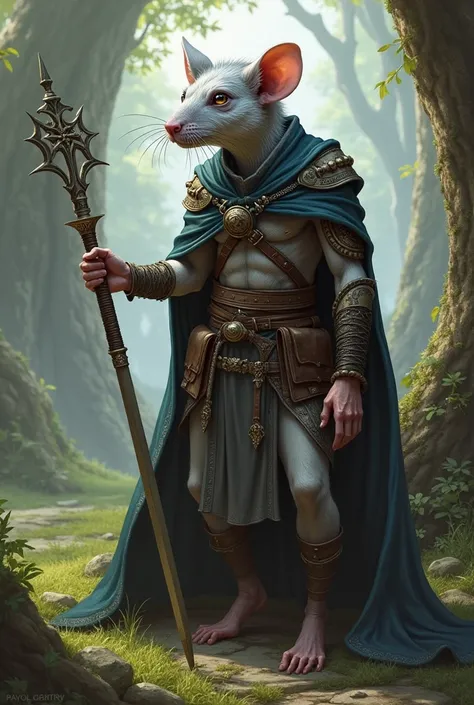 Une Ratfolk femelle avec le poile gris et blanc dans le style de Pathfinder de la classe des prêtres avec pour divinité Desna avec une côte de maille légère et du cuir et sans cape