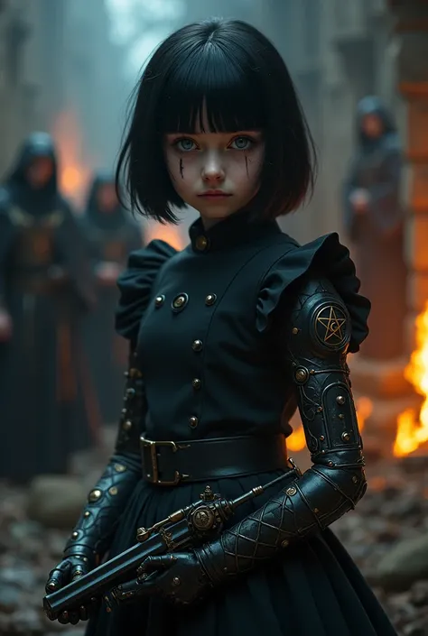 Pale girl with short black hair, from the realistic middle ages, blue eyes dark clothes with detailed steampunk prosthetic left arm, holding in his right hand a flintlock pistol with a pentagram, cut on the face, the night, with a religious group with fire...