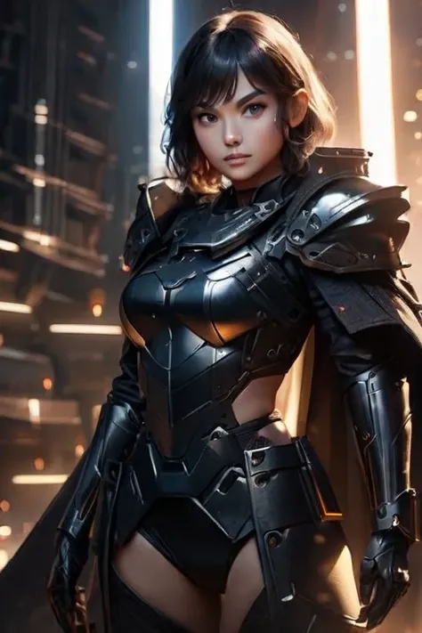 masterpiece, ultra-realistic, photorealistic, beautiful young woman, fair skin, almond-shaped eyes, smooth black hair, sleek futuristic black and blue armored outfit, high-tech shoulder pads, black gloves, black thigh-high boots, tight black shorts, long b...