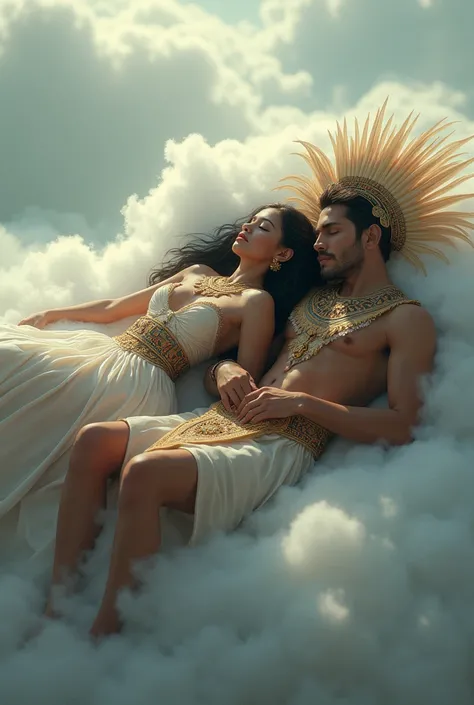 Create an image of an Aztec woman and man, and their respective clothing and plumes asleep on a cloud, Seen from a little distance and from behind 