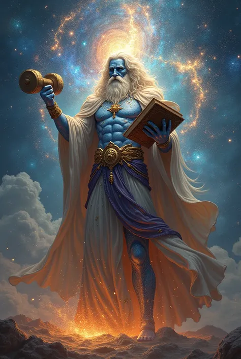 A Cosmic god with its body covered in stars and space wearing a robe and holding a mallet in one hand forging the universe and a book in the other