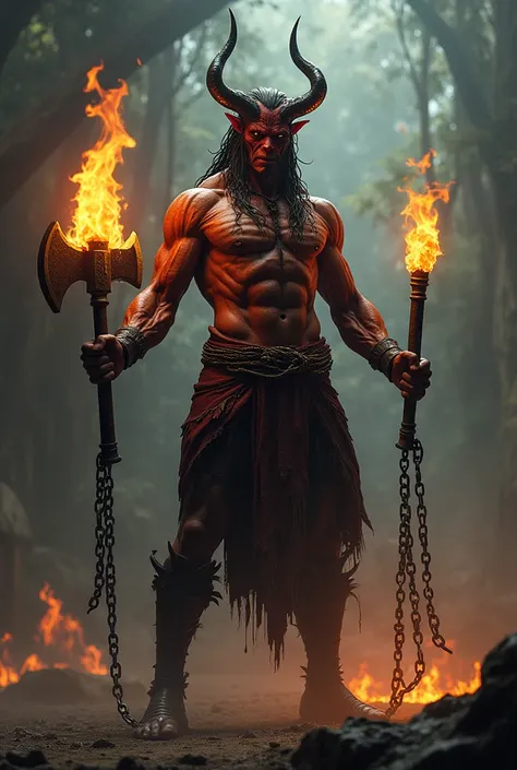 The Sri Lankan devil is standing holding an ax with fire on both sides in his left hand and an iron chain attached to the ax in his right hand.  His body is strong and muscular development has developed.