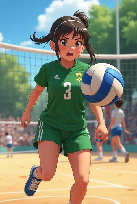 girl with her green uniform is playing volleyball