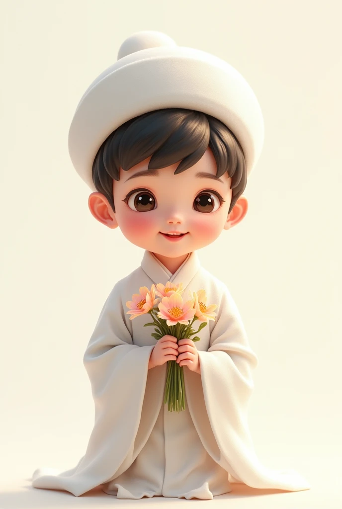 Koran small cute cool boy with white dress and white cap and holding flowers 

