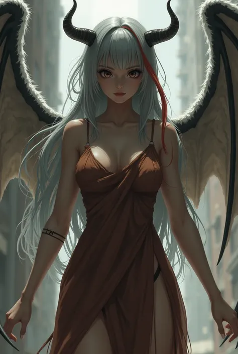 a tall girl, with very real human appearances of dark skin ,  deep black eyes, with a cute. body , dressed in a brown torn dress , short at the knees , that she is very beautiful, that she has wings similar to those of an angel, gray hair with a long, stra...