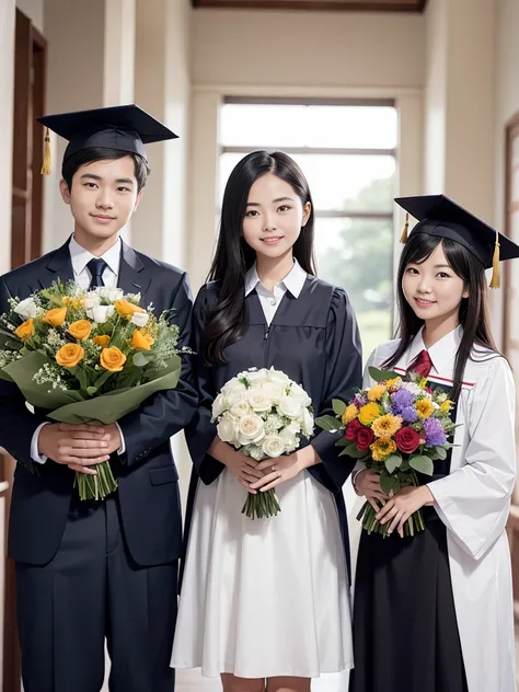 Five people standing together holding bouquets, Graduation photo,  family, Wear your degree uniform, graduate student, Photo taken in 2023, happy family