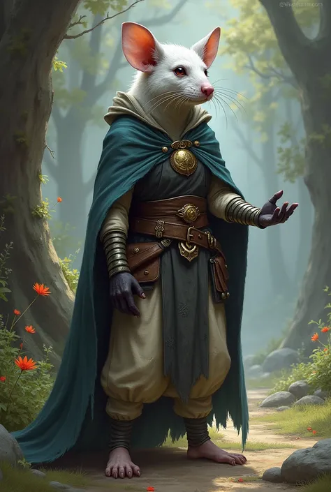 Une Ratfolk femelle avec le poile gris et blanc dans le style de Pathfinder de la classe des prêtres avec pour divinité Desna avec une côte de maille légère et du cuir et sans cape