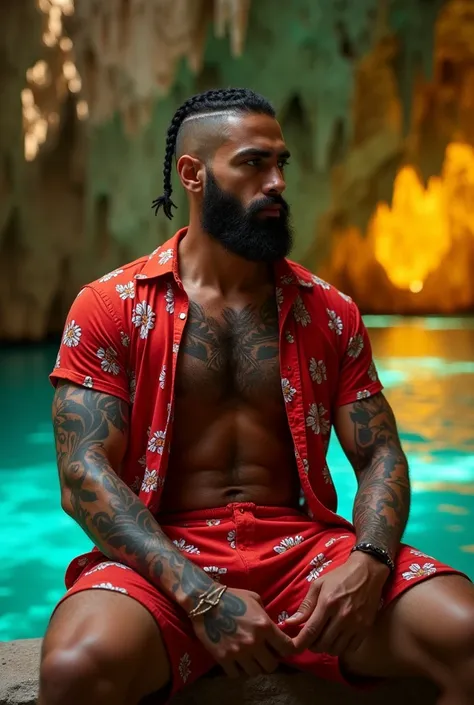 sitting profile Handsome white Muslim gangster man with white skin thick lips athletic body masculine energy and sexy muscular defined chin trimmed faded beard short hair shaved on the sides with fade and braids on the sides colorful tattoo, She wears a re...