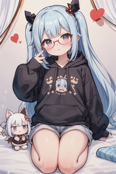 Angelic French doll, Stocky, Brightly colored hoodies, In shorts, Blue Hair ,Disheveled long hair, Wearing glasses, Asymmetrical bangs, masterpiece, Tengu, (Fortuneteller: 0.8), (sleepy: 0.8), Intimate, フレンドリー, 風を受けている, 濡れた髪, ざぁこ♡, 寒い, ハッピー