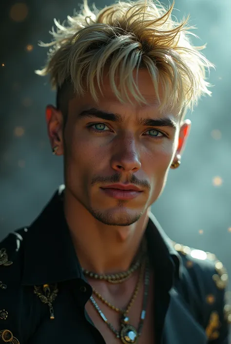 1Mann, High resolution, short blonde hair, Looking at the viewer, blue eyes, Fringes between the eyebrows, jewellery, closed mouth, Sparkle effect, ​masterpiece, anatomically correct, Details, Quality, textured skin, shiny hair, Highlights, messy hairstyle...