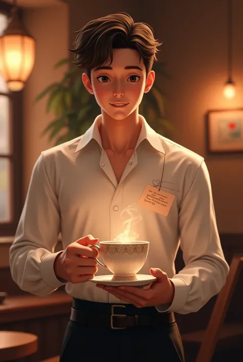 Waiter man with a cup of love that has a message attached to it that says how pretty you look