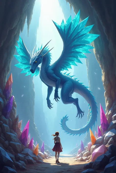 Adamancipator researcher , woman, Crystal Stones,cave, Crystal stone dragon with Giant  wings and arms and legs ,flying 