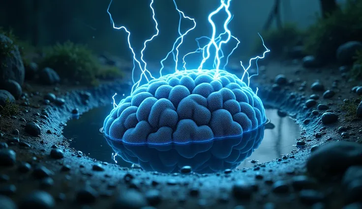 Bacteria in a puddle , mysterious scene, electrifying ends of the discharge , brain shape 