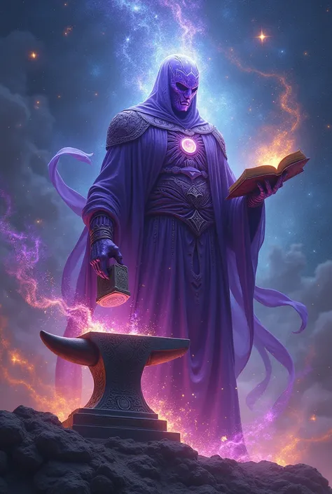 A majestic Cosmic entity with its body covered in stars and space wearing a purple robe and holding a hammer in one hand forging the universe on an anvil and a book in his other hand