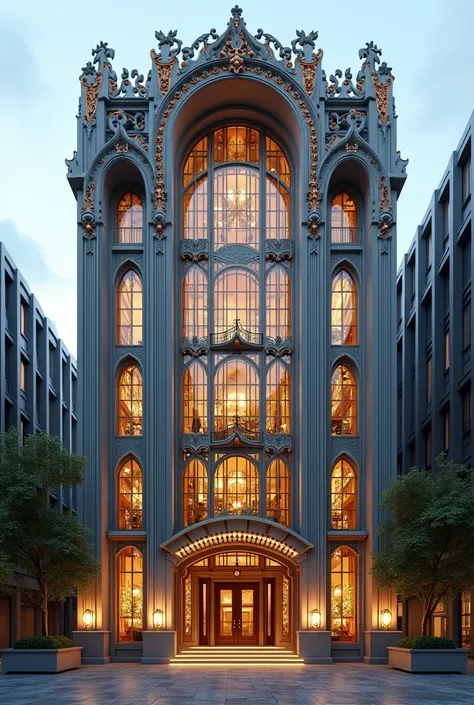 Facade of a digital library building, art nouveau style and contemporary style 