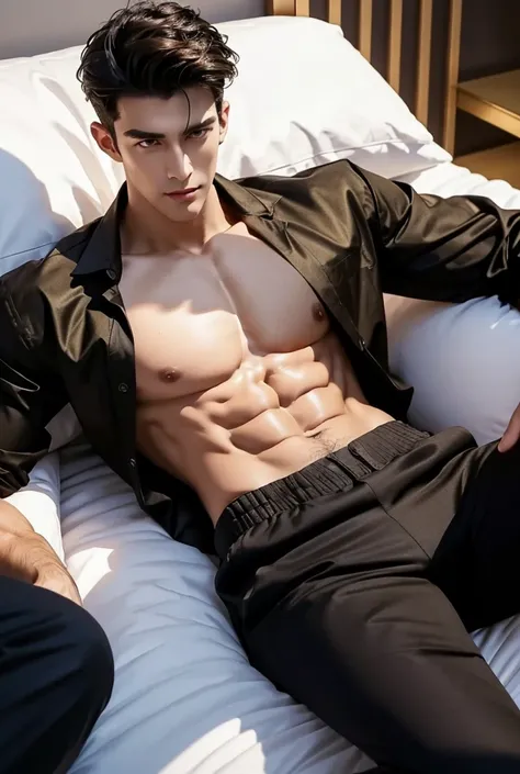 a tall handsome muscular young man, smooth skin, a hot glow in his skin, bright face, sexy gaze, sexy expression, sexy posture, wearing golden color exquisite shirt and black pants, (open shirt showcasing chest and abs), lying down in the big bed, beautifu...