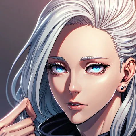 ultra detailed, High resolution, HdR, absurdities, satoru gojo woman, white hair, wavy, blue eyes, steal with style, piercing, attractive woman, extremely pretty, Alone, very detailed face and eyes., Jujutsu Kaisen