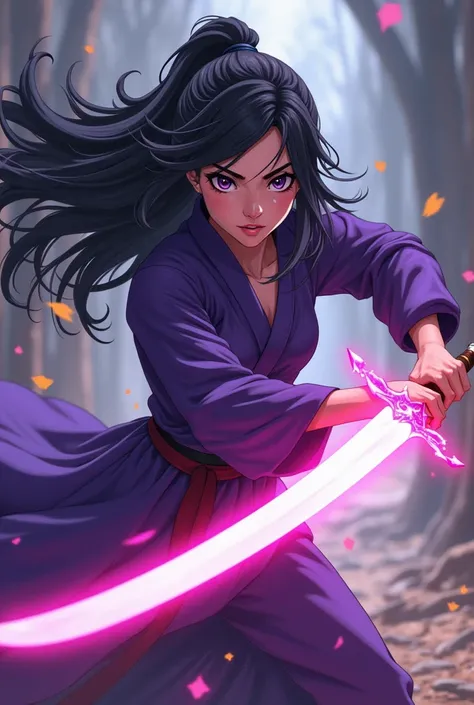 Girl wearing violet robes slashed out her sword.  

With her long hair flowing like a dark river, her entire body emanated a heroic aura. She looked like a proud female martial artist with the sword in her hands, which glowed with a sharp aura.
Anime style...