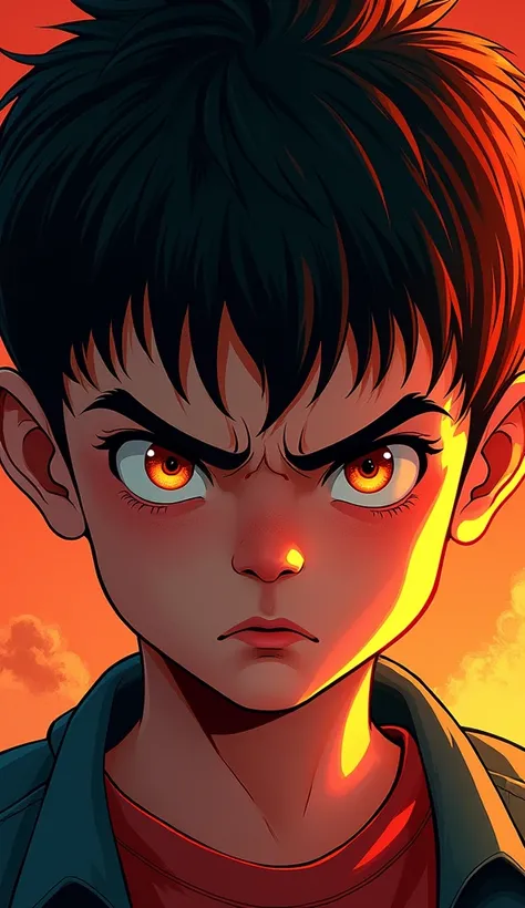 A close up shot of eyes of a anger boy with back ground is comic style like orange and face should be black we can’t see him but his anger we can see 