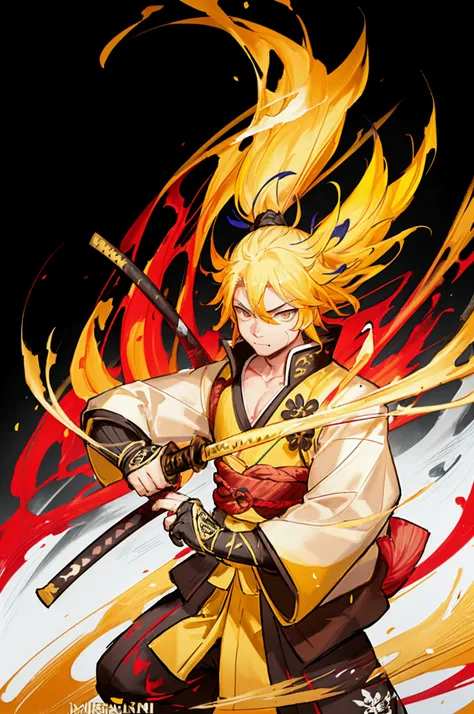 a samurai man with dwarfism, funny yellow hair, holding a yellow light katana, using yellow light breathing kimetsu no yaba, yellow background, 8k, hyper detailed, cinematic lighting, dynamic pose, intricate details, highly detailed facial features, beauti...