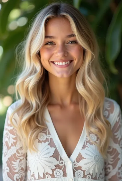 A tropical Brazilian style girl with light blonde wavy hair, 4k multi frontal image, wearing a white lace blouse, smiling, long hair. Create variations of the first one.