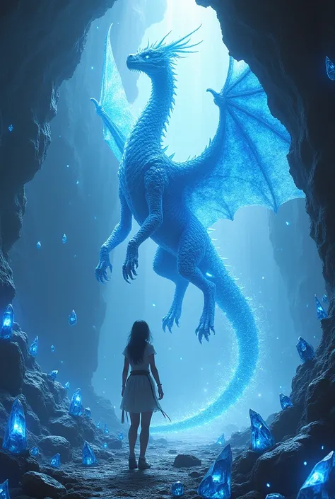 Adamancipator researcher , woman, Crystal Stones,cave, blue Crystal stone dragon with Giant  wings and arms and legs ,flying 