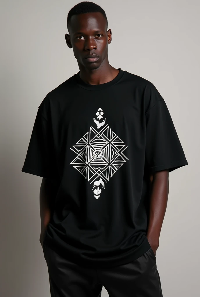 Modern minimalist white design with African origins on an oversized black t-shirt, eye-catching and incredibly beautiful design