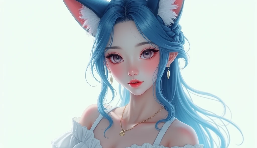 work of art, best qualityer, high resolution, (white background: 1.4), [sheen], [gazing at viewer, portraite, 1 Chinese sweet], (long hair, hair blue, wavy curls, Multicolored twisted big braid: 1.3, furry fox ears, fringe of ar), White off-the-shoulder sh...