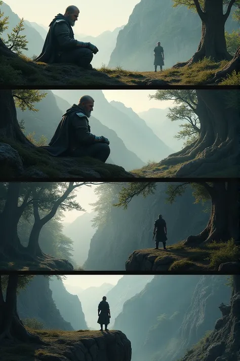 4 images of a warrior sitting, a man walking in the woods, a person looking into an abyss