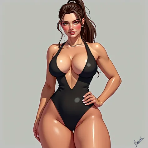 Curvy swimmer girl in extremely tight one piece swimsuit, she is got and flushed, her hair is tied back in a tight pony tail. Her hair is brown and long￼Looking at viewer, large breasts and cute medium sized thighs￼