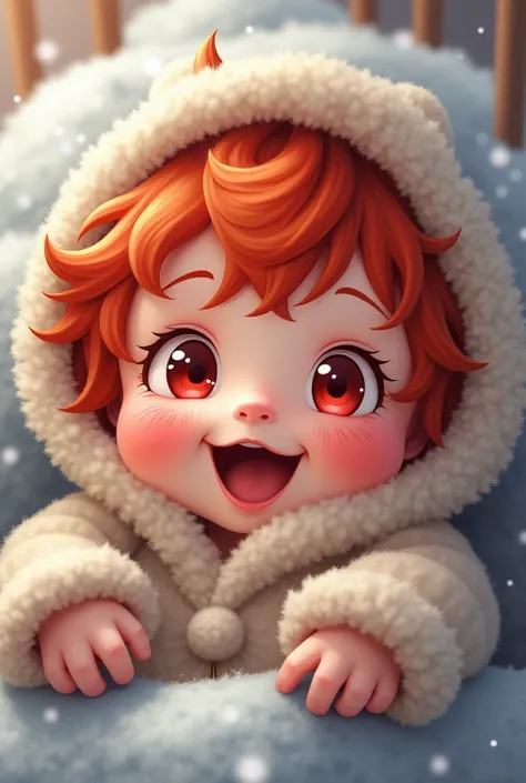 Baby, red hair, red eyes, looking at you, laughing, anime, sleeping on his back, wearing winter clothes   