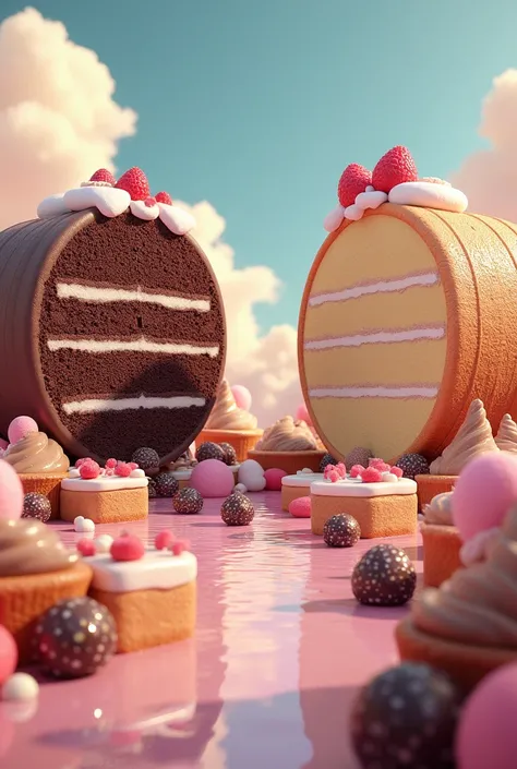 Create an image of many giant cakes, They must be SINGLE STORY round cakes and you must include a vanilla one on the right and a chocolate one on the left, desserts everywhere and some are in slices or cuts,
