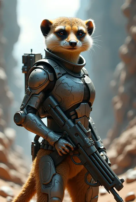 A futuristic meerkat soldier wearing serbo armor and a gam
