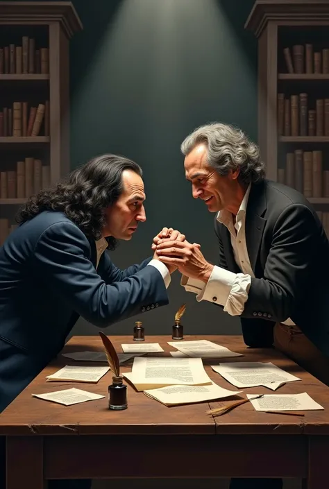 René Descartes and John Locke arm wrestling, representing a dispute between rationalists and empiricists
