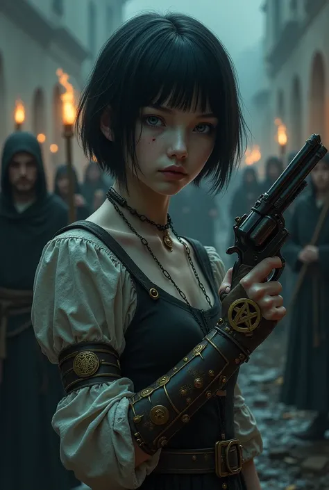 Pale girl with short black hair, from the realistic middle ages, blue eyes dark clothes, detailed steampunk left arm prosthesis, other arm holding a flintlock pistol with a pentagram symbol, cut on the face, the night, with a religious group with fire in t...