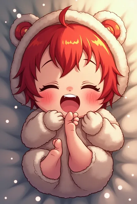 Baby, red hair, red eyes, looking at you, putting foot in mouth, laughing, anime, sleeping on back, wearing winter clothes   