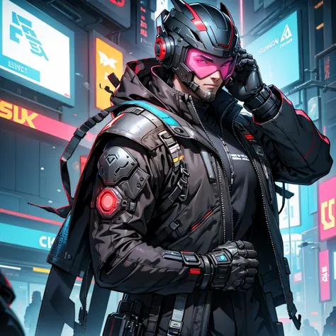 A cyberpunk man with a helmet, two mechanical arms and an armor, high resolution, 