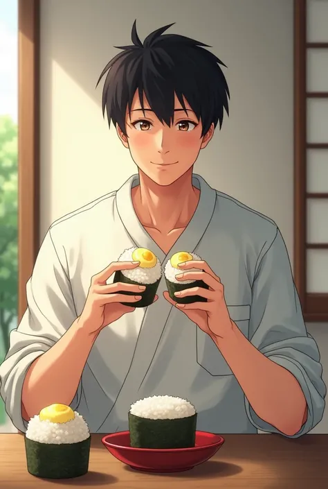 A young man eating rice balls