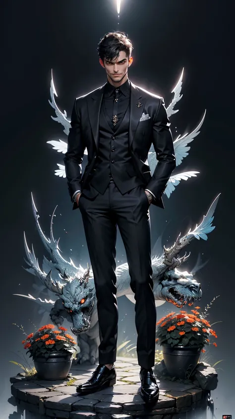 (absurdres, highres, ultra detailed), 1 very handsome man, short black hair with bangs, seductive red eyes, tall, muscular, square jaw, broad shoulders, clothes luxurious, black suit, finely detailed eyes and detailed face, extremely detailed CG unity 8k w...