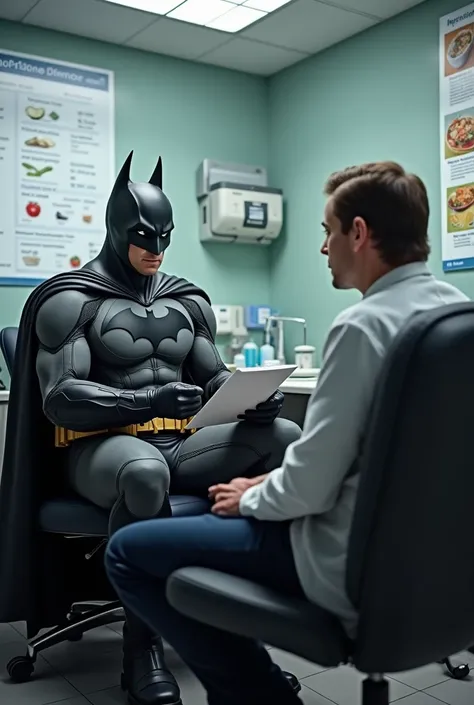 Batman doing a nutritional survey sitting in a nutrition office with a patient sitting in front of him 
