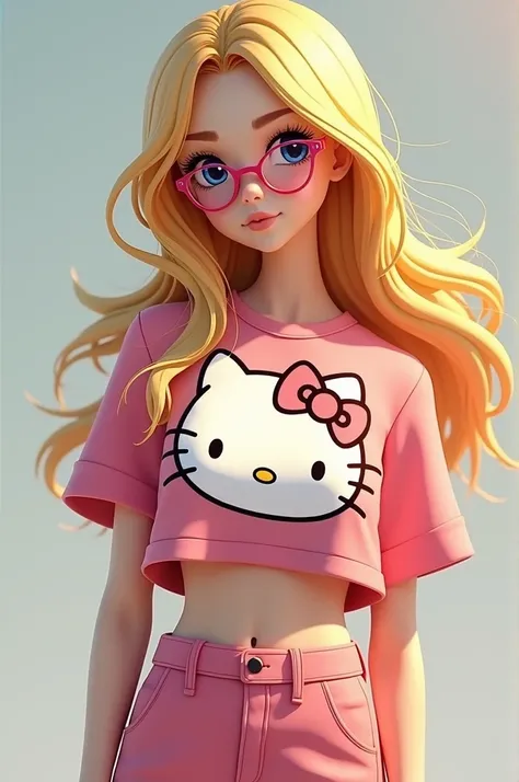 Create a realistic character that has blonde hair, glasses, a Hello Kitty crop top, and pants.