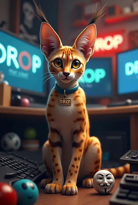 (very realistic male cat, wild serval cat, long hair at the tip of his ears, piercing yellow brown eyes), (((looks real))), sat among a lot of different sizes of plastic cat balls, in a room full of computers and computer parts, screens and keyboards, box ...