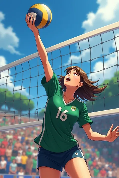 Volleyball player, women, medium wavy straight hair,  wearing a green jersey with the number 16 on the front on the left chest . The player attacks the ball in position 3 with his arm extended and going well beyond the height of the volleyball net in front...